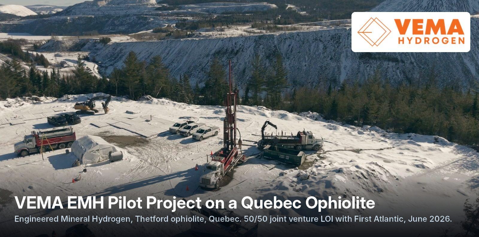 VEMA Hydrogen Engineered Mineral Hydrogen pilot project drill site on the Thetford ophiolite, Quebec