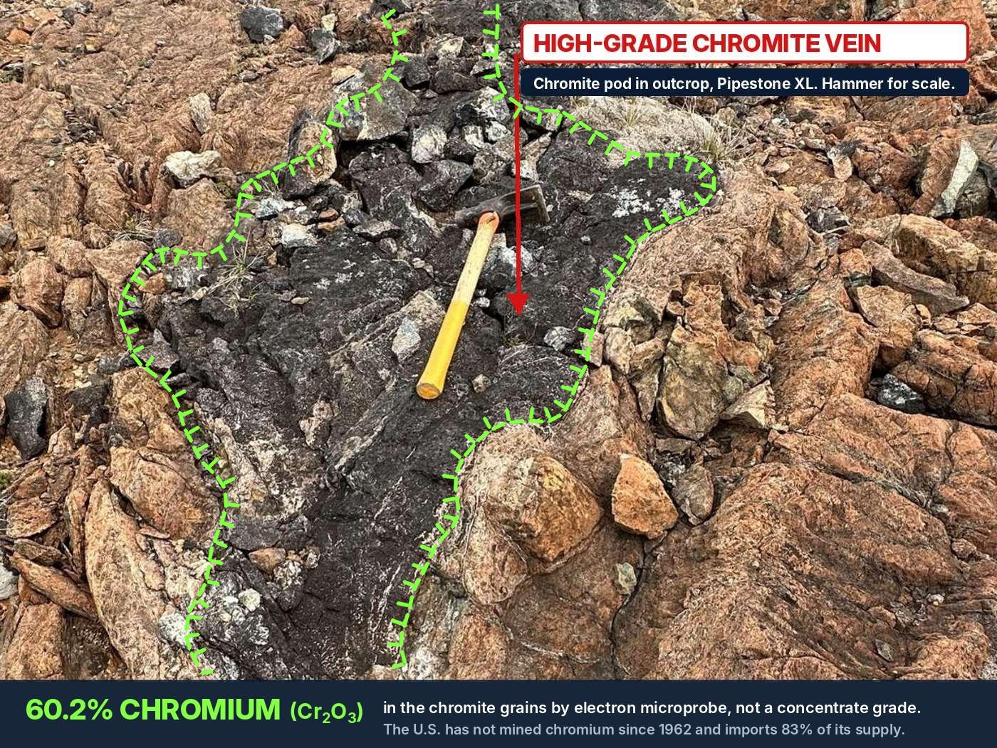 High-grade chromite vein in outcrop at Pipestone XL, hammer for scale