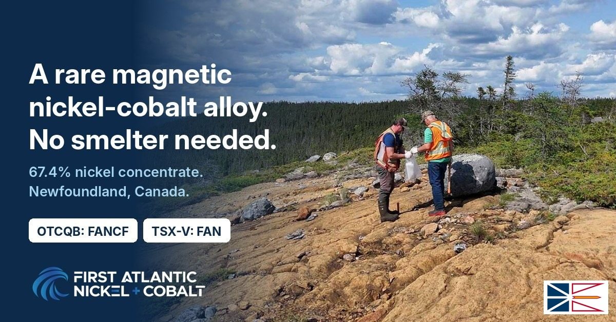 A rare magnetic nickel-cobalt alloy, no smelter needed. First Atlantic geologists at Pipestone XL, Newfoundland. OTCQB: FANCF, TSX-V: FAN
