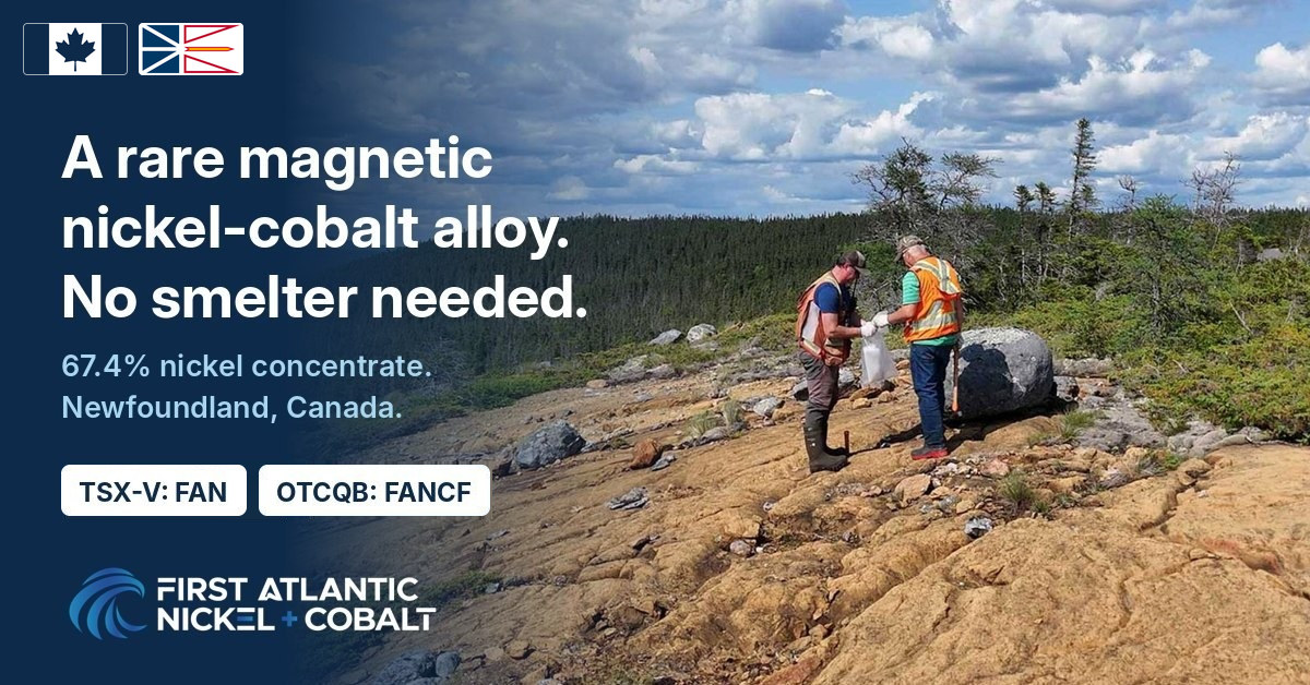 A rare magnetic nickel-cobalt alloy, no smelter needed. First Atlantic geologists at Pipestone XL, Newfoundland. TSX-V: FAN, OTCQB: FANCF